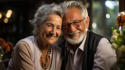 Portrait of happy senior couple sitting at table at home and looking at camera.