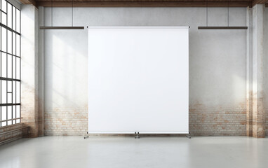 blank roll up banner display stands loft interior. Roll up blank white banner