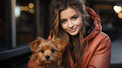 Beautiful young woman with yorkshire terrier on street, closeup.