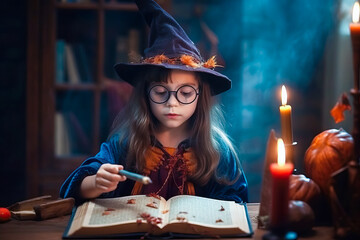 Little girl witch in witches hat with wand makes a spell using magic book. Halloween concept
