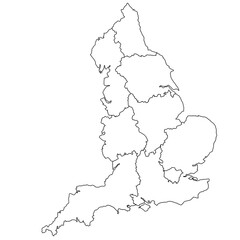Outline England Map with regions, administrative map of England. UK, Britain, United Kingdom,