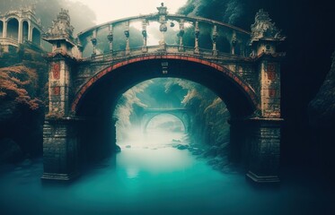Beautiful Bridge With Blue Water And Sakura Flower - obrazy, fototapety, plakaty