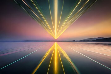 Obraz premium beams of golden light escaping from some point in the ocean , converged beam of neon light in the and reflection in the ocean 