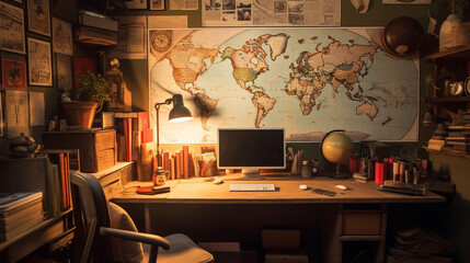 The writer's workspace with a vintage map on the wall, evoking a sense of adventure and exploration. Generative AI