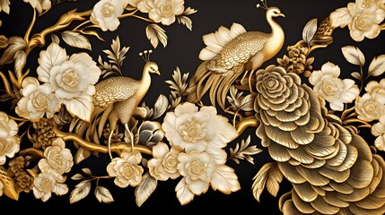 Elegant Golden Floral and Peacock Design on Leather Base Wallpaper