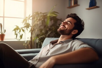 A young man is sitting on the sofa with his eyes closed and laughing