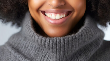 young adult woman, multiethnic multiracial or hispanic, portrait, face, white teeth smiling, tanned skin, dark medium length hair, front view, wearing white winter scarf, glaring vibrant glowing