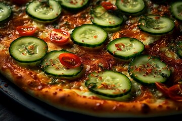 Pizza with pickled cucumbers close-up