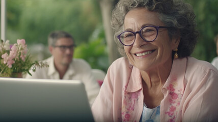 Fototapeta premium mature adult woman with gray hair, glasses, caucasian, 50s 60s, using computer laptop sitting with notebook in cafe or own garden, online or remote job or self employed, fictional location