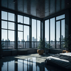 Industrial Modern Concrete Bedroom Design,  Large Panoramic Window With View, Generative AI