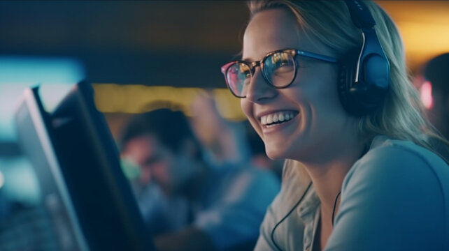 happy adult female, working or playing on computer, wearing headphones, in darkened room, online or job oer customer service or free time on internet, fictitious