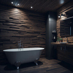 Rustic Modern Interior Design Of Bathroom, Decorative Wall And Bathtub, Generative AI
