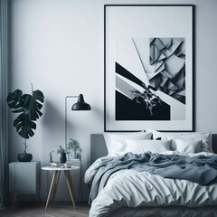 Scandinavian Minimalist Modern Interior Design  Of Bedroom, Mock Up Art Frames, Generative AI