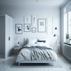 Scandinavian Minimalist Modern Interior Design  Of Bedroom, Mock Up Art Frames, Generative AI