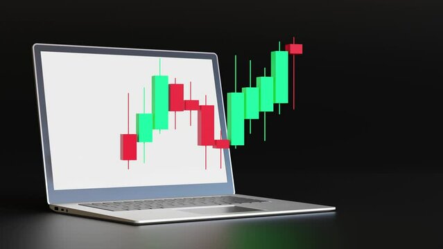 Trading chart and laptop. Trading PC, computer. Buy, sell on stockmarket. Stock trade data on graph with japanese sticks. Trader job, trade from home. Investment, finance and analysis. 3D render.