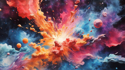 Colorful abstract explosion in space. Nebula alien cloud. Universe painting watercolor sponge paint.