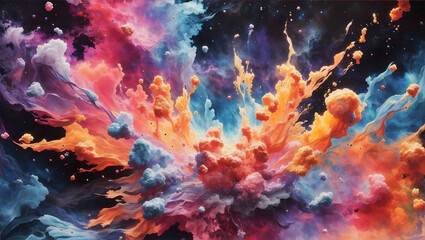 Colorful abstract explosion in space. Nebula alien cloud. Universe painting watercolor sponge paint.