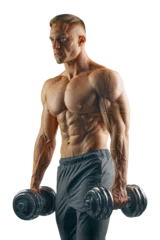 Fototapete Fitness Muscular bodybuilder guy with dumbbell isolated on white background.