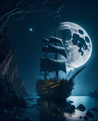 Keuken spatwand met foto pirate ship in the night © Ninja