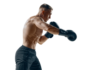 Strong half naked man in boxing pose isolated on white background