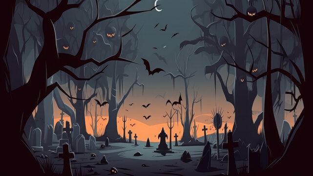 Happy halloween wide banner or party invitation orange purple blue background with violet fog clouds sky, bats, cats, castle house, tombstone and scary pumpkins. Halloween sale. Generative AI