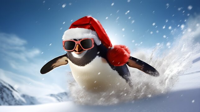 Fun Penguin in Santa Hat Sliding Down a Snowy Hill