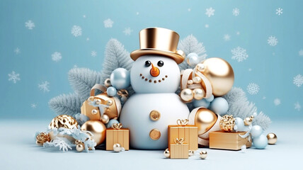 Snowman and Christmas gifts on blue background