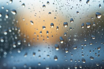 Shiny raindrops splashes falling cascading down wet glossy foggy glass window car outdoor during rainy stormy day backdrop. Close-up processes motion of beautiful clear fresh water background texture