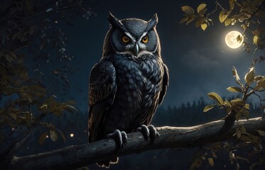 Sleek Black Owl Perched A Top Tree Branch With Moonlight Background