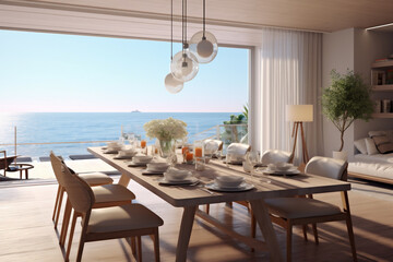 Luxury trendy modern dinning room with sew view, Beach villa with swimming pool. AI Generative