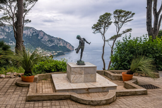 Bronze sculpture of a fisher boy at Villa Lysis on the island of Capri May 22, 2018, Italy