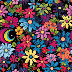 Hippie flowers repeat pattern 60s