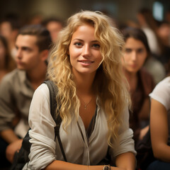 Obraz premium Young blonde woman or student in audience, listening, casual clothes - subject lecture, study or lecture - Generative AI
