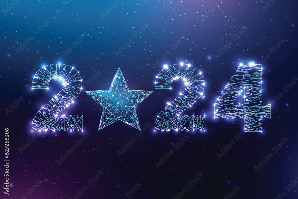 Aufkleber postcard happy new year 2024. christmas star in low poly design. numbers from a polygonal wireframe.
