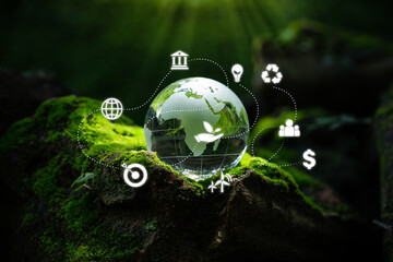 Crystal globe putting on moss with ESG icon for Environment Social and Governance, World...