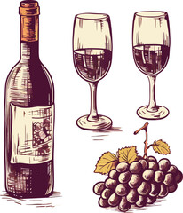 Vector Wine sketch illustration icon eps10. Vector Bottle, glasses, grape vine, barrel, corkscrew, hand drawn isolated design elements icon eps10. ai generated image