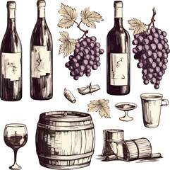 Vector hand drawn retro style grape and bottle of wine icon eps10. Vector alcoholic beverage obtained by alcoholic fermentation of grape juice icon eps10. ai generated image