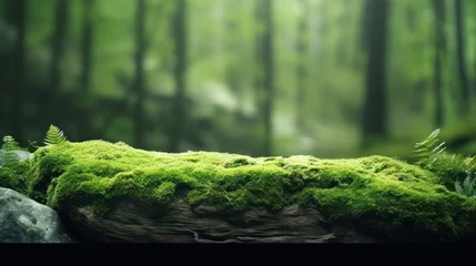Foto op Aluminium A stone covered with green moss in the forest. Wildlife landscape. Beautiful Bright Green moss grown up cover the rough stones and on the floor in the forest. Product display mockup. © Tirtonirmolo