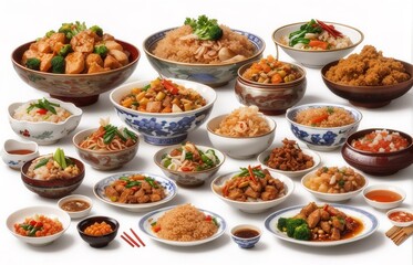 Chinese Food Selection Isolated On White Background