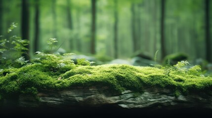 A stone covered with green moss in the forest. Wildlife landscape. Beautiful Bright Green moss grown up cover the rough stones and on the floor in the forest. Product display mockup.
