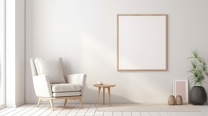 White living room interior with seat and commode with canvas mockup decoration. One copy space canvas frame.