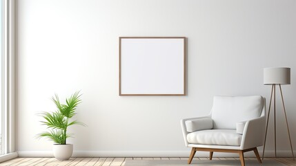 Fototapeta na wymiar White living room interior with seat and commode with canvas mockup decoration. One copy space canvas frame.