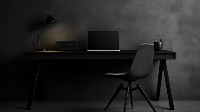 Black tone on black work station with black computer, black floor. black wall, and background.