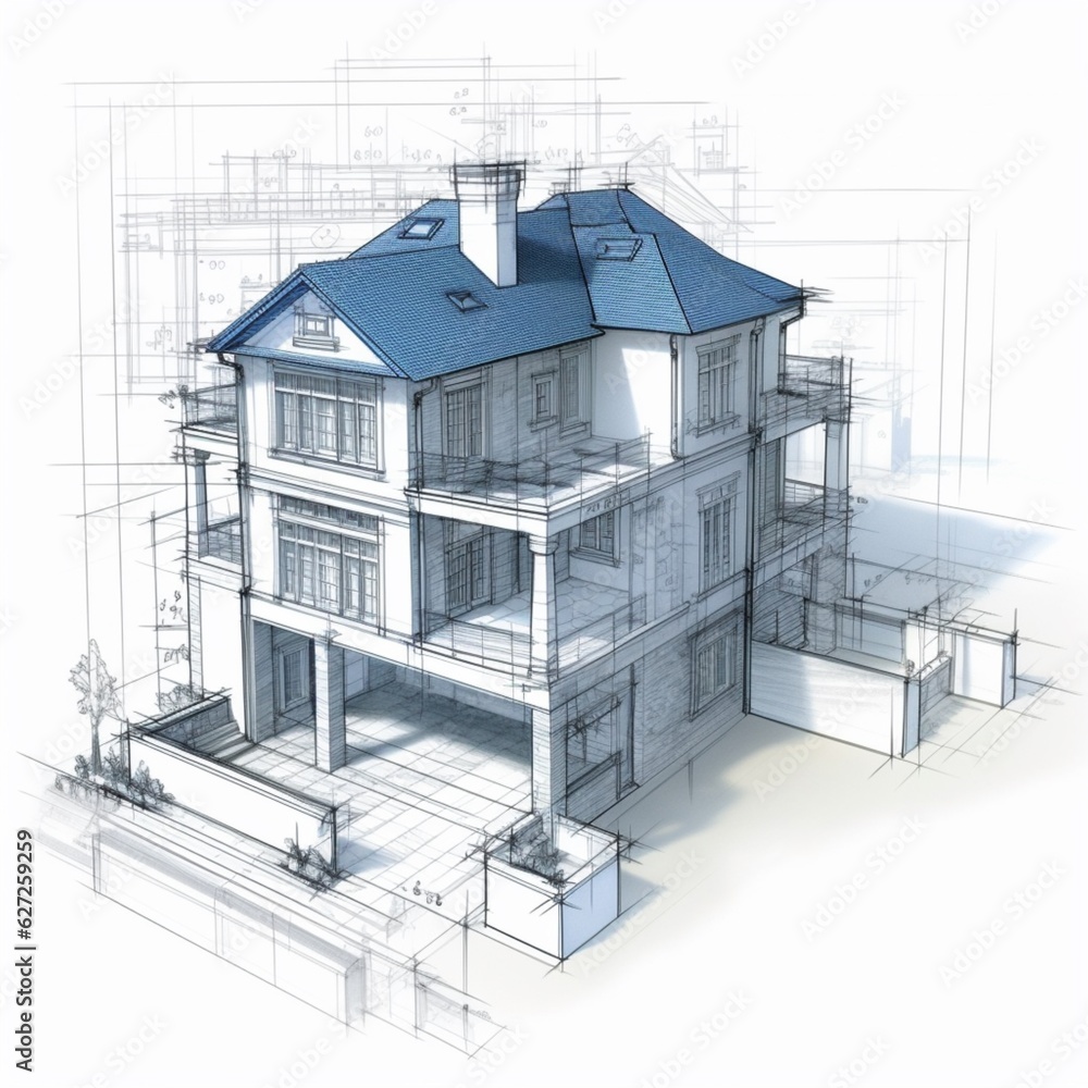 Wall mural 3d architecture blueprint sketch house model illustration white background ai generated art