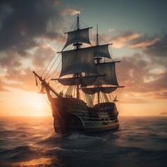 Obraz premium Beautiful ancient sailing ship sunset ocean wallpaper AI Generated art