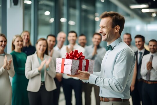 a lively gift exchange at an office holiday party, illustrating the spirit of sharing and celebration at the workplace.