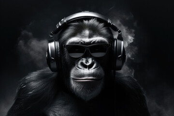 Menschlicher Affe mit Kopfhörern und Sonnenbrille