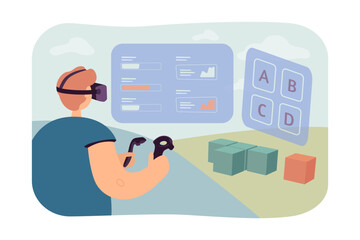 User creating objects in virtual reality vector illustration. Man in headset holding controllers, analyzing graphs and tools on screen. Metaverse, VR experience, artificial intelligence concept