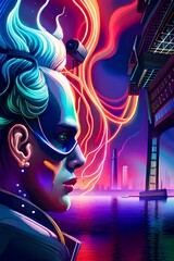 Infernal night, multicolored smoke, neon lighting, futuristic retro style, retro skull punk on a time bomb, cyberpunk illustration for a horror book in a seaport. highly detailed images
