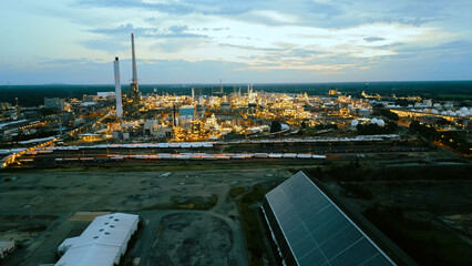 Aerial drone view of chemiepark in Marl Germany in the dusk.	 - obrazy, fototapety, plakaty
